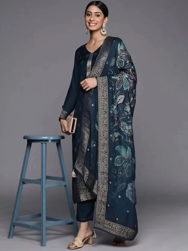 Blue Self Design Pashmina Wool Straight Suit Set - Libas