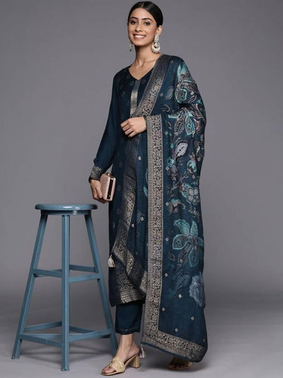 Blue Self Design Pashmina Wool Straight Suit Set - Libas