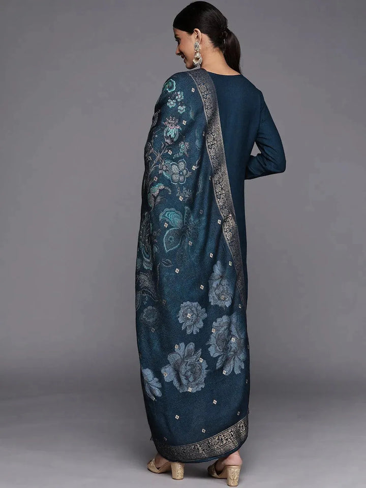 Blue Self Design Pashmina Wool Straight Suit Set - Libas