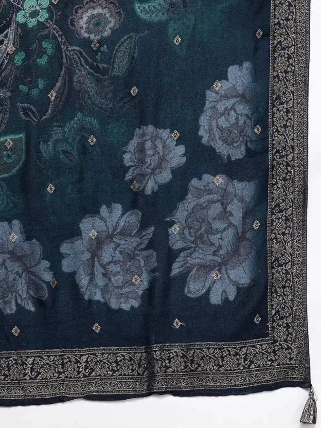 Blue Self Design Pashmina Wool Straight Suit Set - Libas