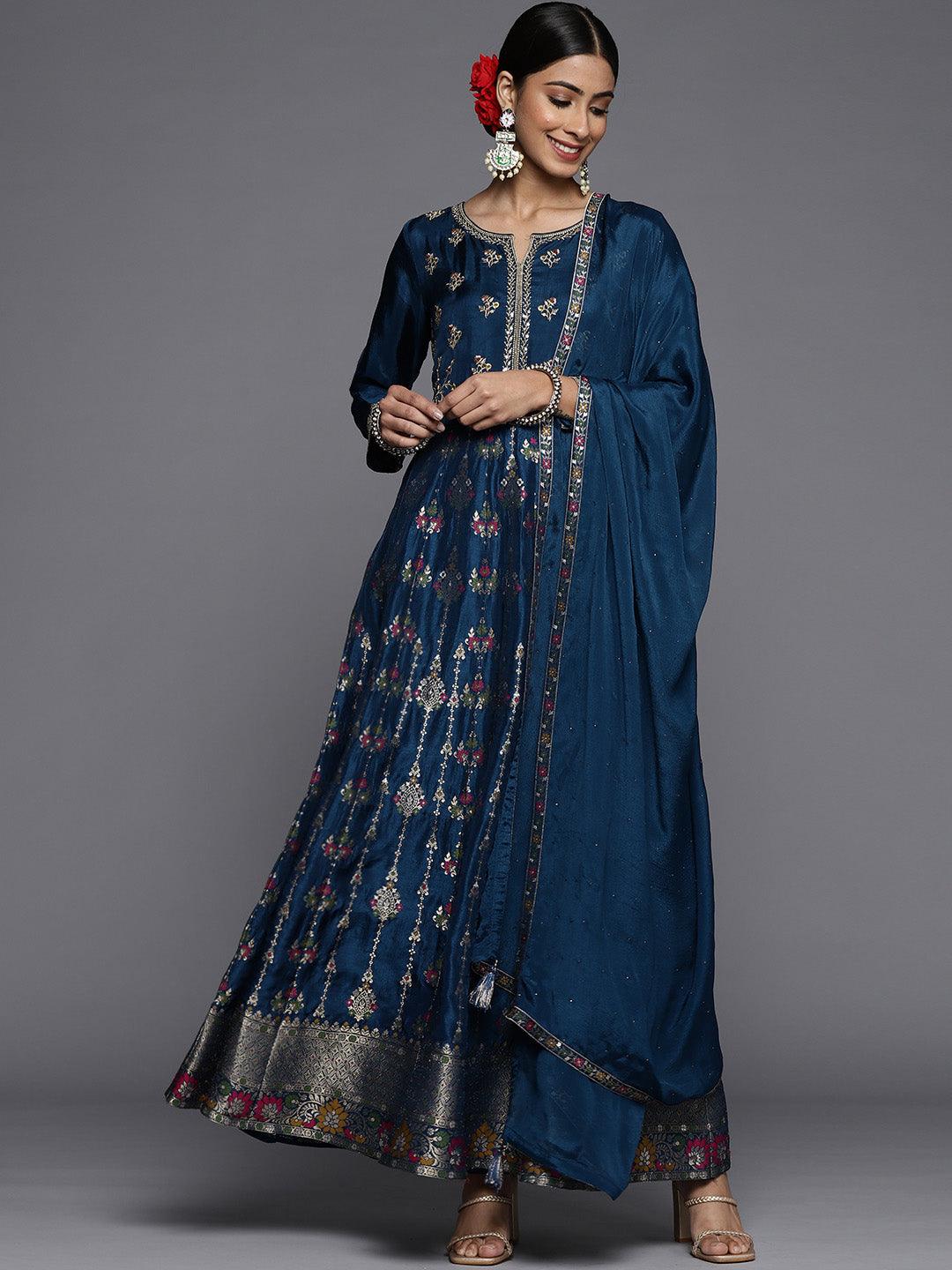 Blue Self Design Silk Anarkali Kurta With Churidar & Dupatta