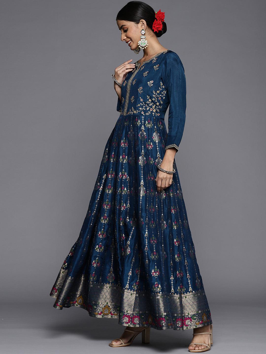 Blue Self Design Silk Anarkali Kurta With Churidar & Dupatta