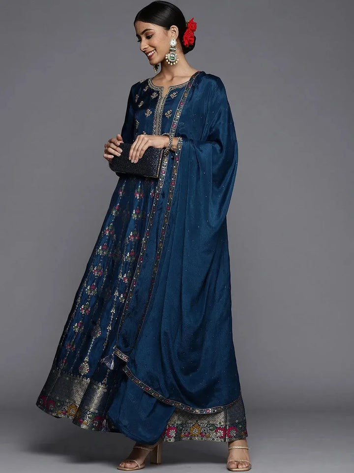 Blue Self Design Silk Anarkali Suit Set - Libas