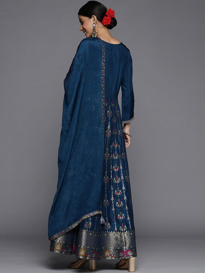 Blue Self Design Silk Anarkali Suit Set - Libas
