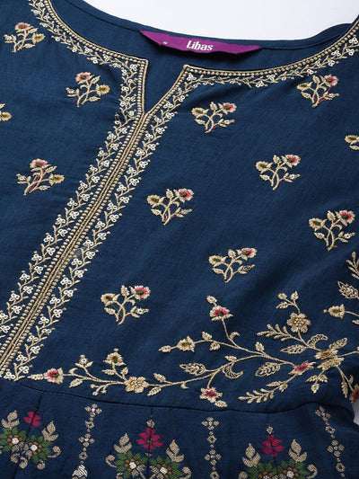 Blue Self Design Silk Anarkali Suit Set - Libas