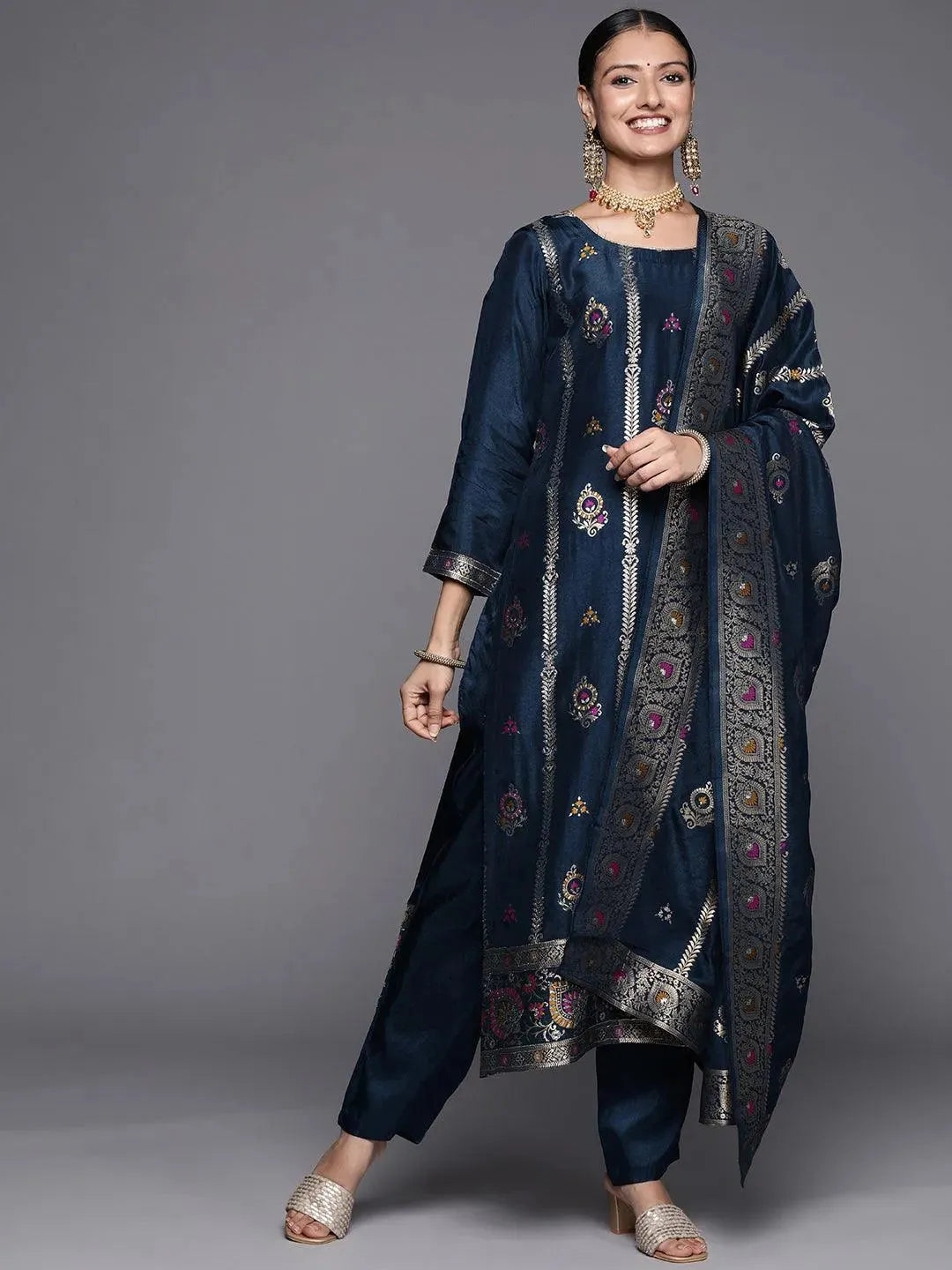 Blue Self Design Silk Blend Straight Suit Set - Libas