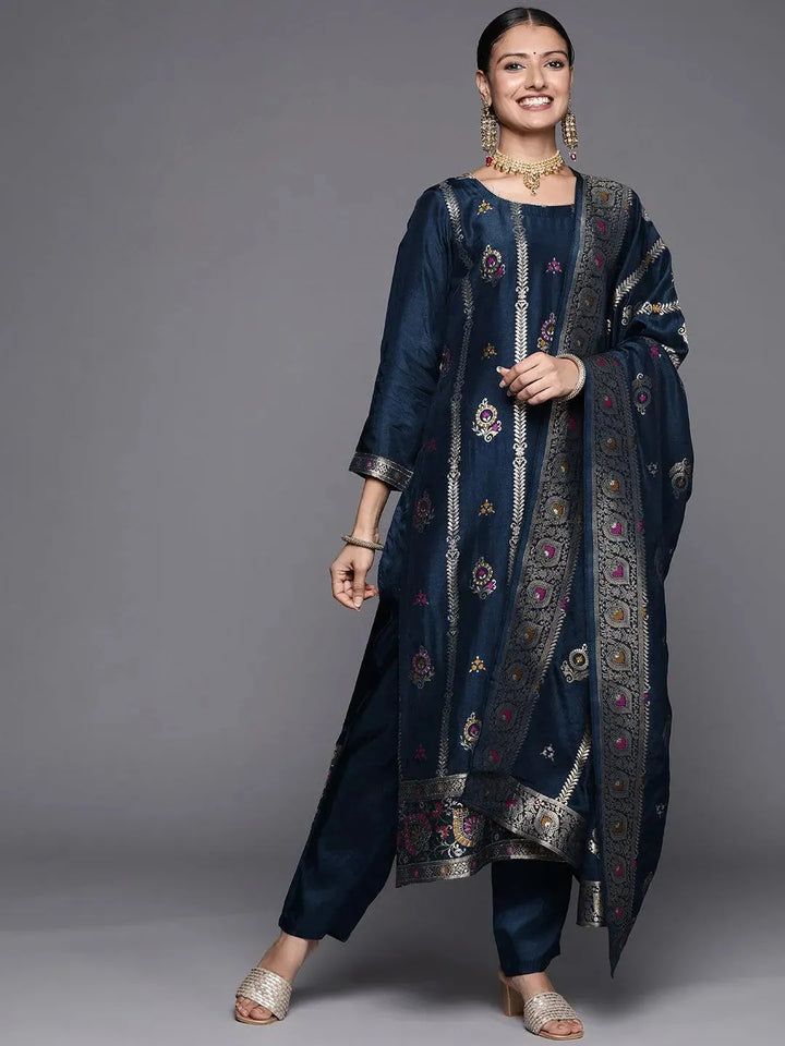 Blue Self Design Silk Blend Straight Suit Set - Libas