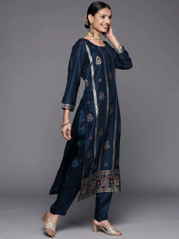 Blue Self Design Silk Blend Straight Suit Set - Libas