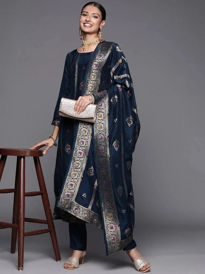Blue Self Design Silk Blend Straight Suit Set - Libas