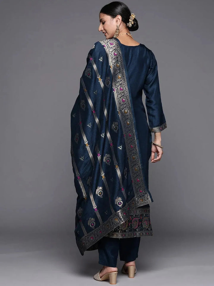 Blue Self Design Silk Blend Straight Suit Set - Libas