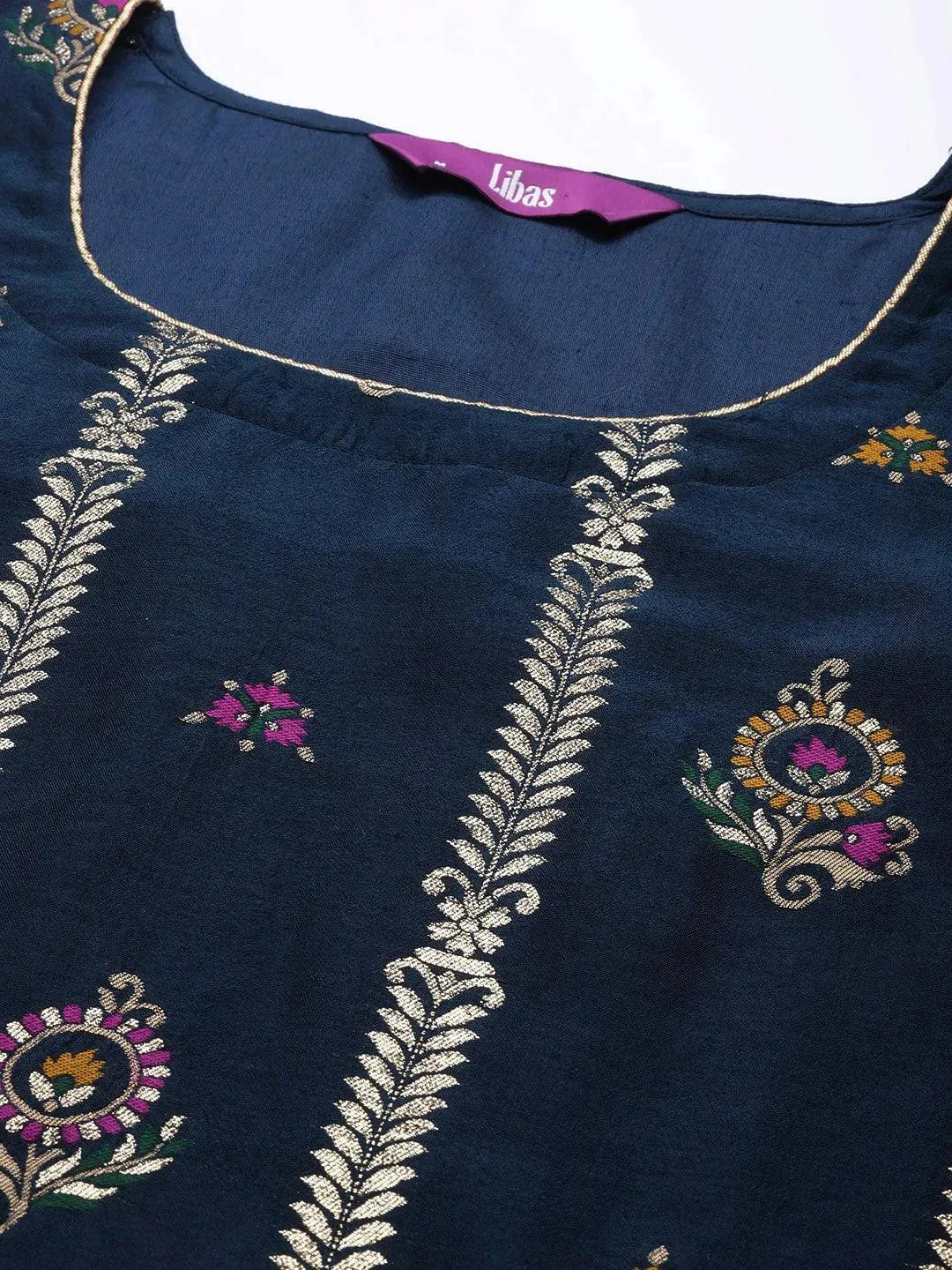 Blue Self Design Silk Blend Straight Suit Set - Libas 