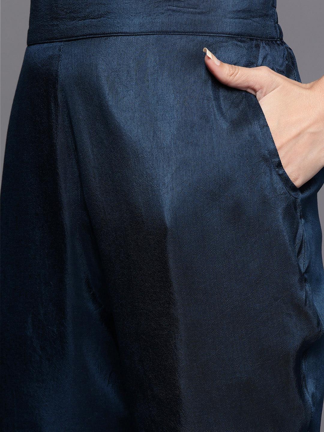 Blue Self Design Silk Blend Straight Suit Set - Libas
