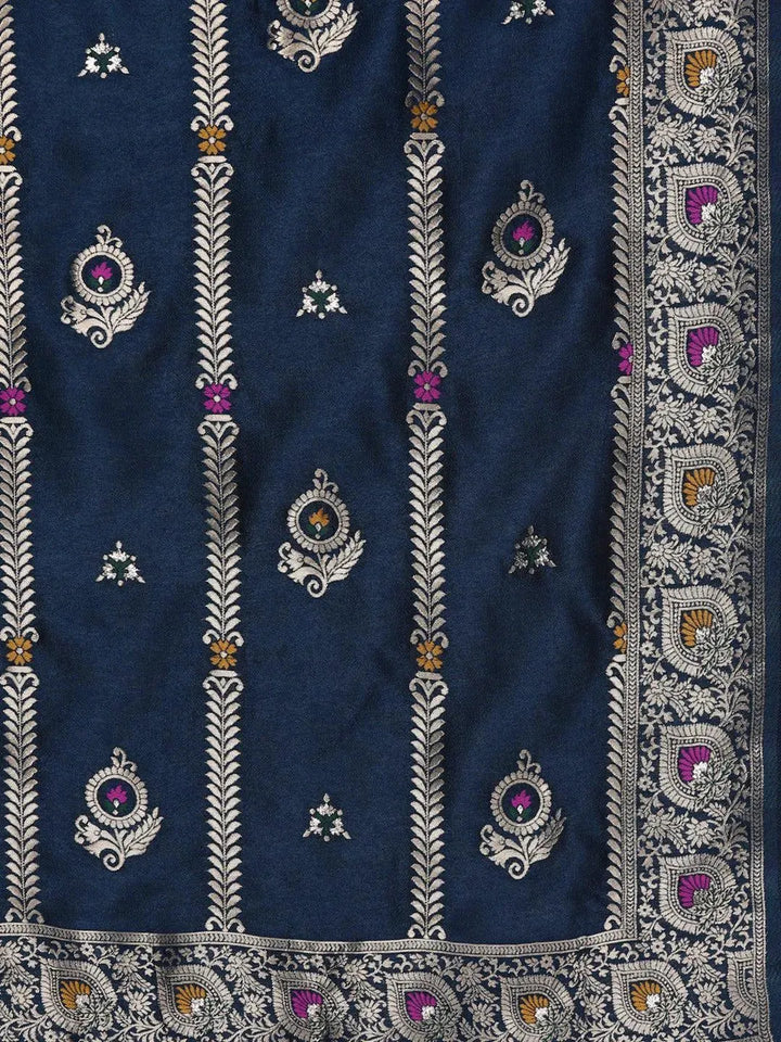 Blue Self Design Silk Blend Straight Suit Set - Libas