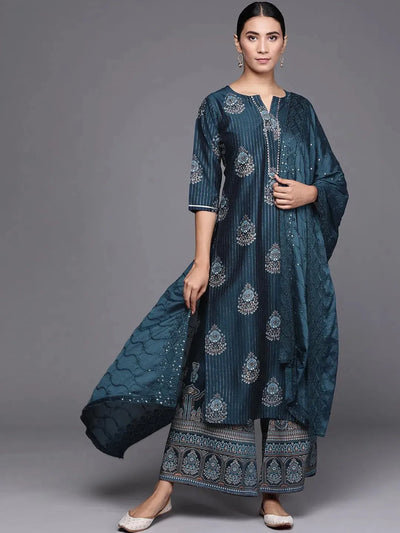 Blue Self Design Silk Blend Suit Set - Libas