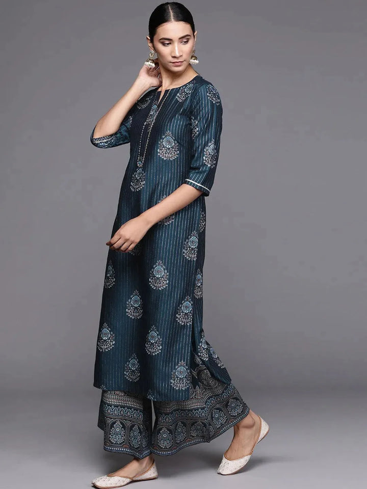 Blue Self Design Silk Blend Suit Set - Libas
