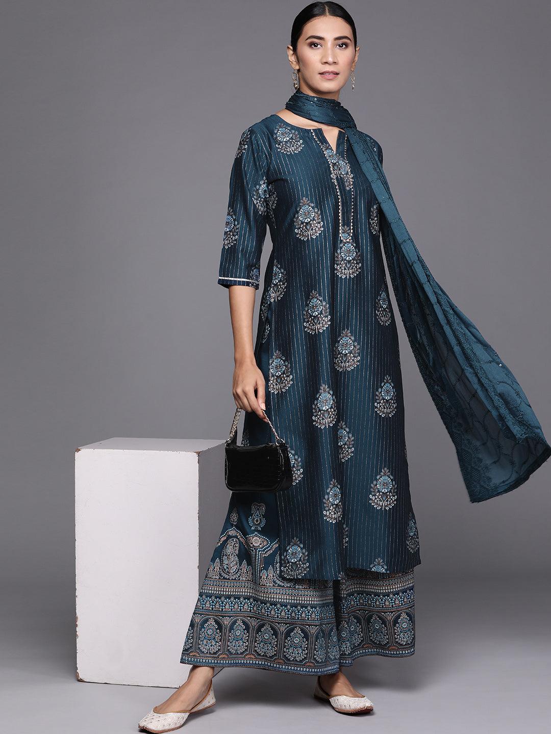 Blue Self Design Silk Blend Suit Set - Libas