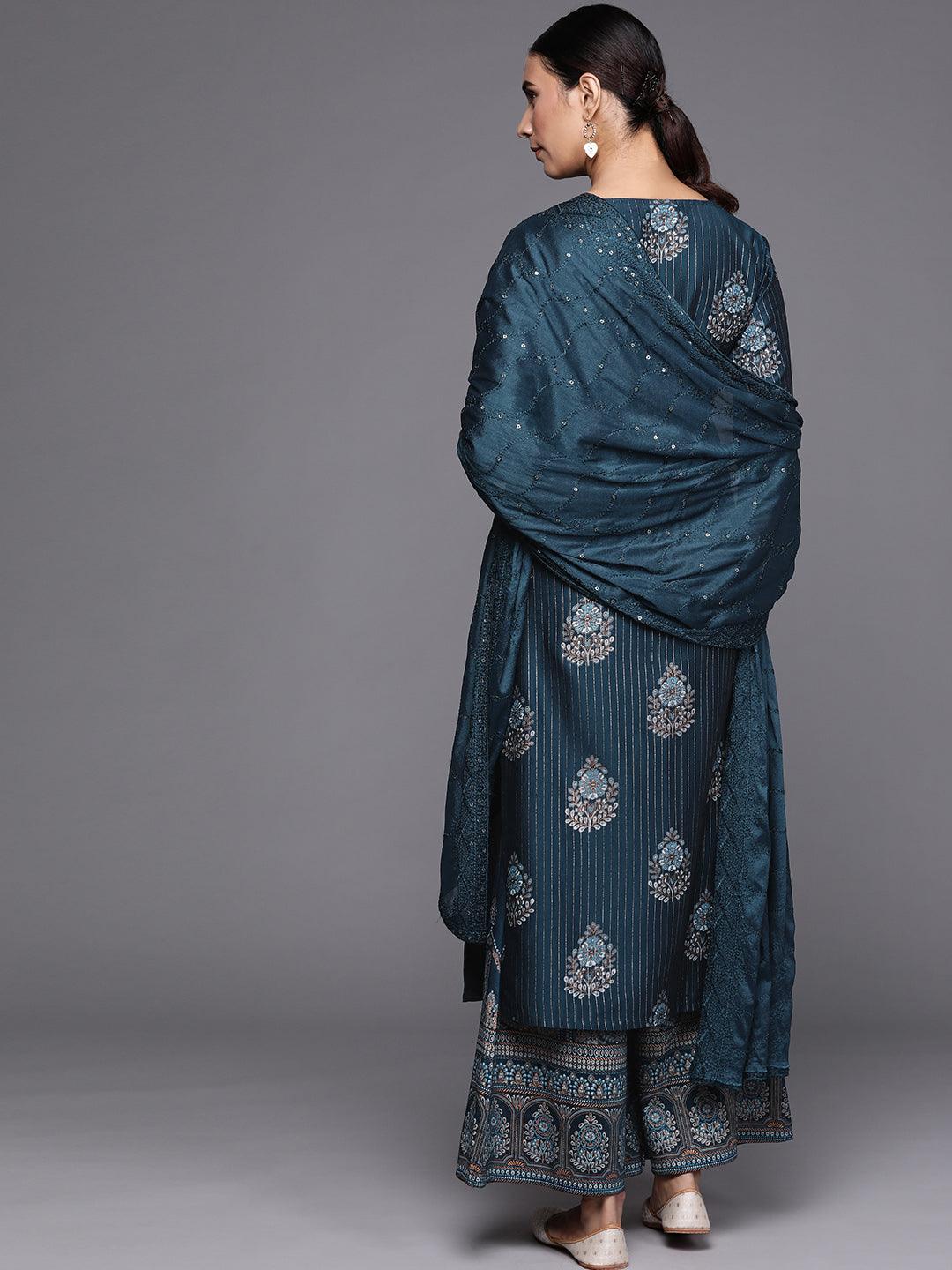 Blue Self Design Silk Blend Straight Kurta With Palazzos & Dupatta