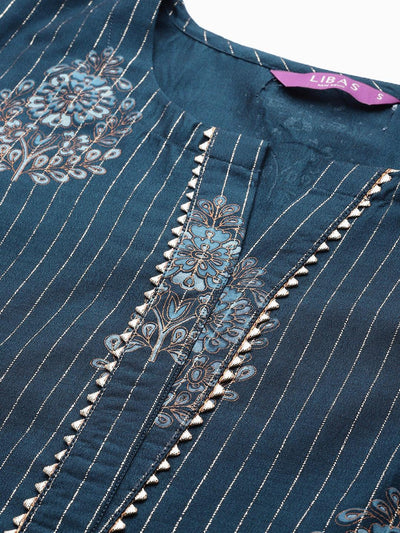 Blue Self Design Silk Blend Suit Set - Libas