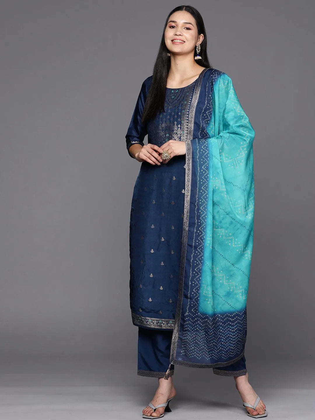 Blue Self Design Silk Blend Straight Suit Set With Trousers - Libas