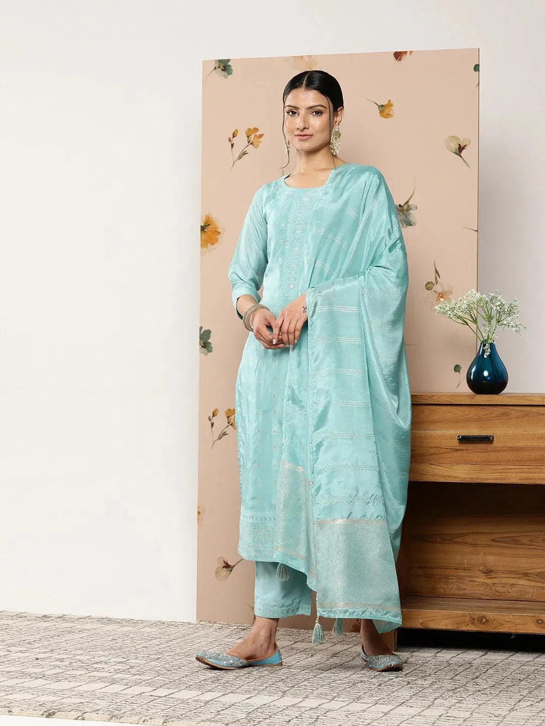 Blue Self Design Silk Blend Suit Set With Trousers - Libas