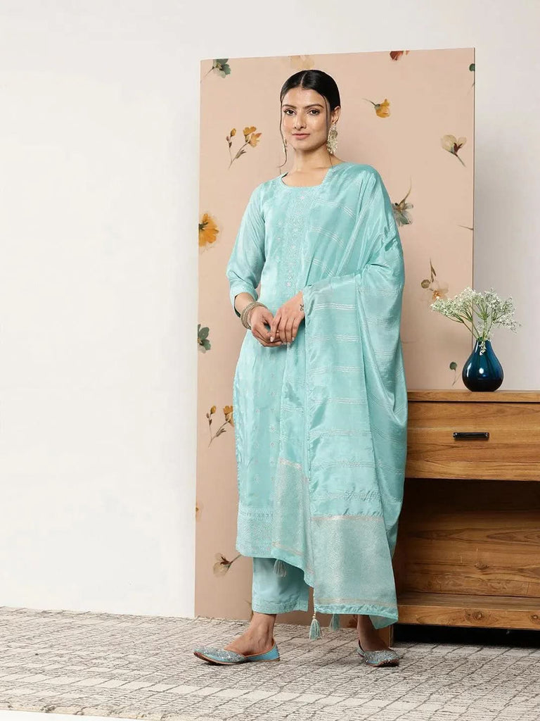 Libas Blue Self Design Silk Blend Straight Kurta With Trousers & Dupatta