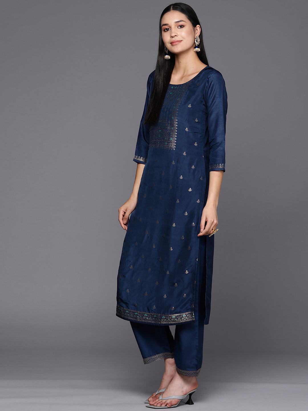 Blue Self Design Silk Blend Straight Suit Set With Trousers - Libas