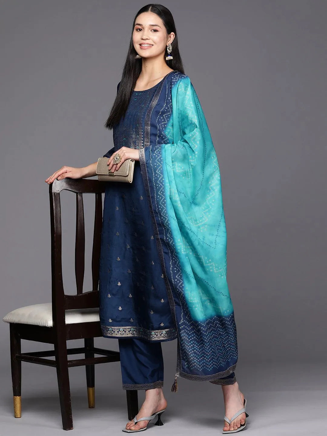 Blue Self Design Silk Blend Straight Suit Set With Trousers - Libas 