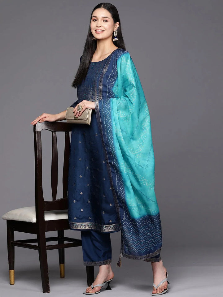 Blue Self Design Silk Blend Straight Suit Set With Trousers - Libas