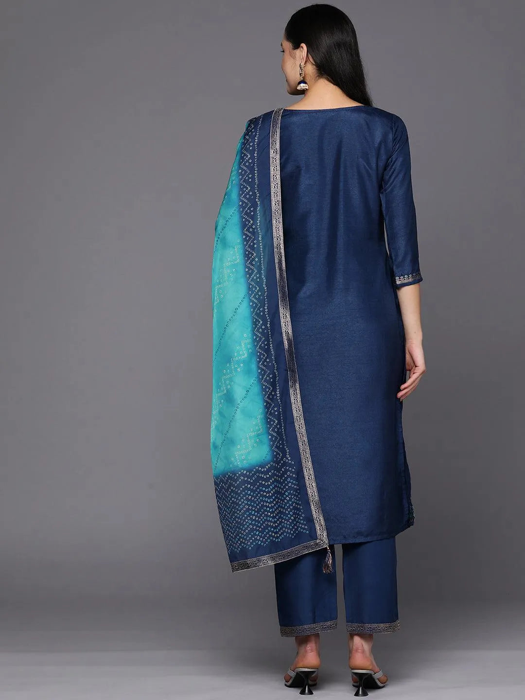 Blue Self Design Silk Blend Straight Suit Set With Trousers - Libas 