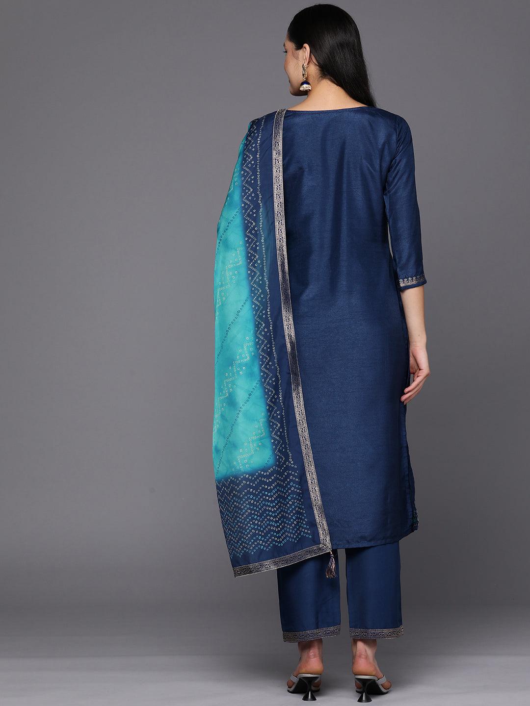 Blue Self Design Silk Blend Straight Suit Set With Trousers - Libas