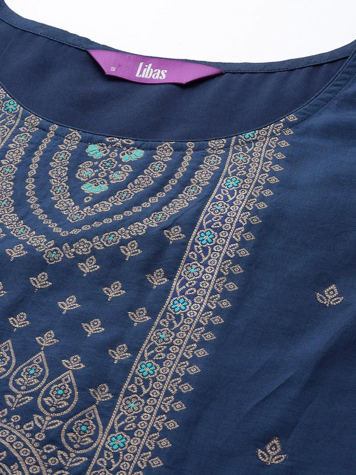 Blue Self Design Silk Blend Straight Suit Set With Trousers - Libas