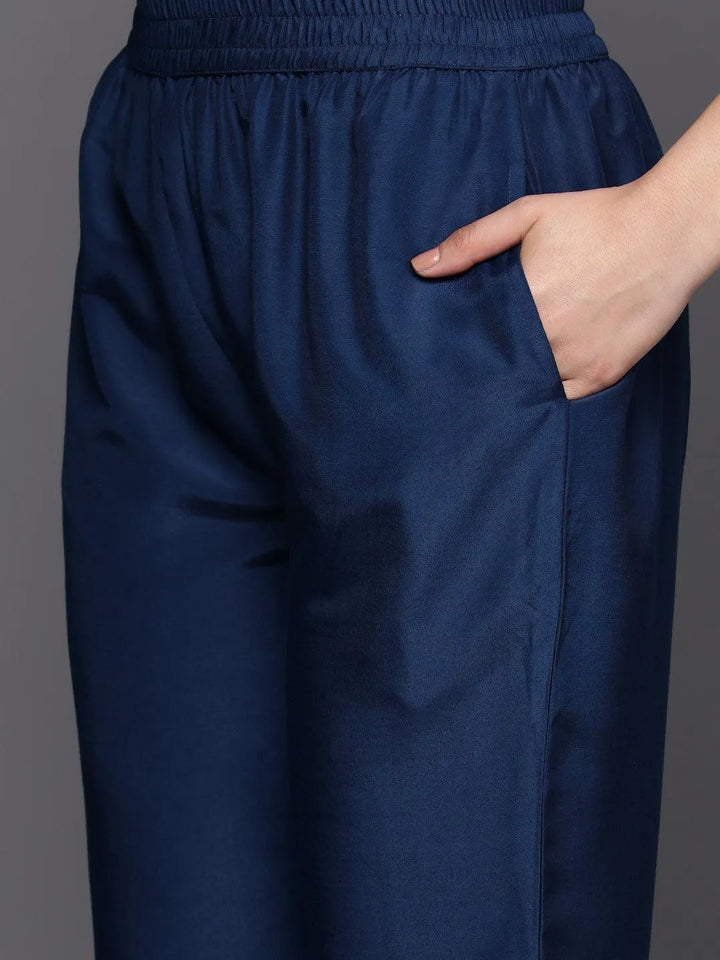 Blue Self Design Silk Blend Straight Suit Set With Trousers - Libas
