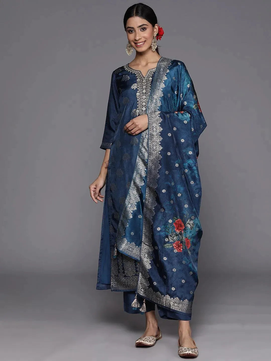 Blue Self Design Silk Suit Set With Trousers - Libas