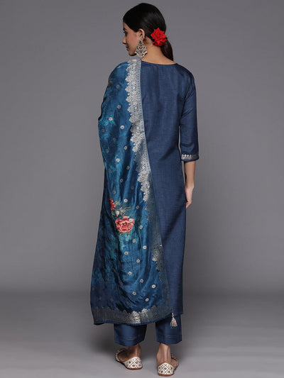 Blue Self Design Silk Suit Set With Trousers - Libas