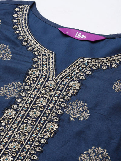 Blue Self Design Silk Suit Set With Trousers - Libas