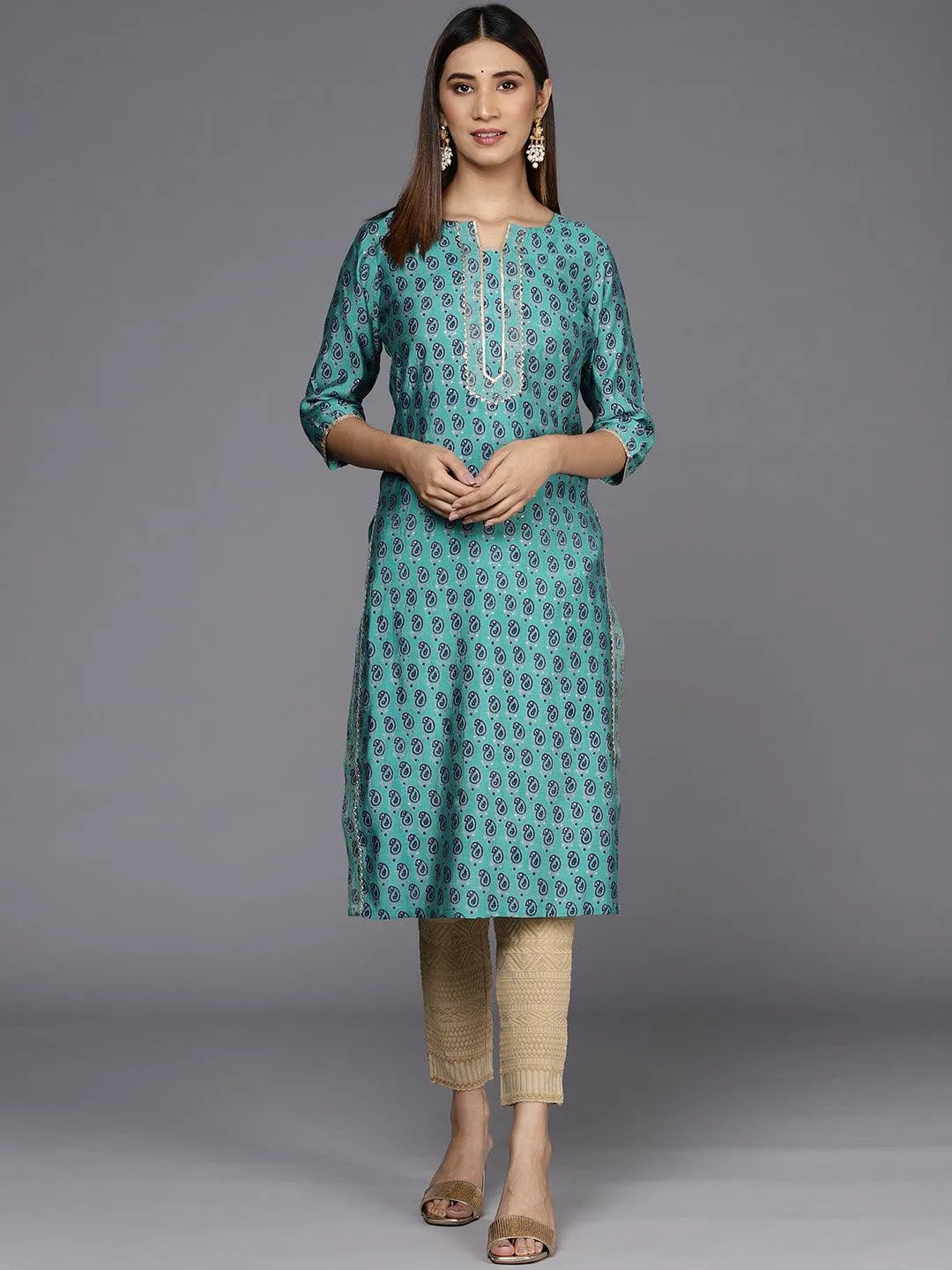 Blue Silk Blend Printed Kurta - Libas