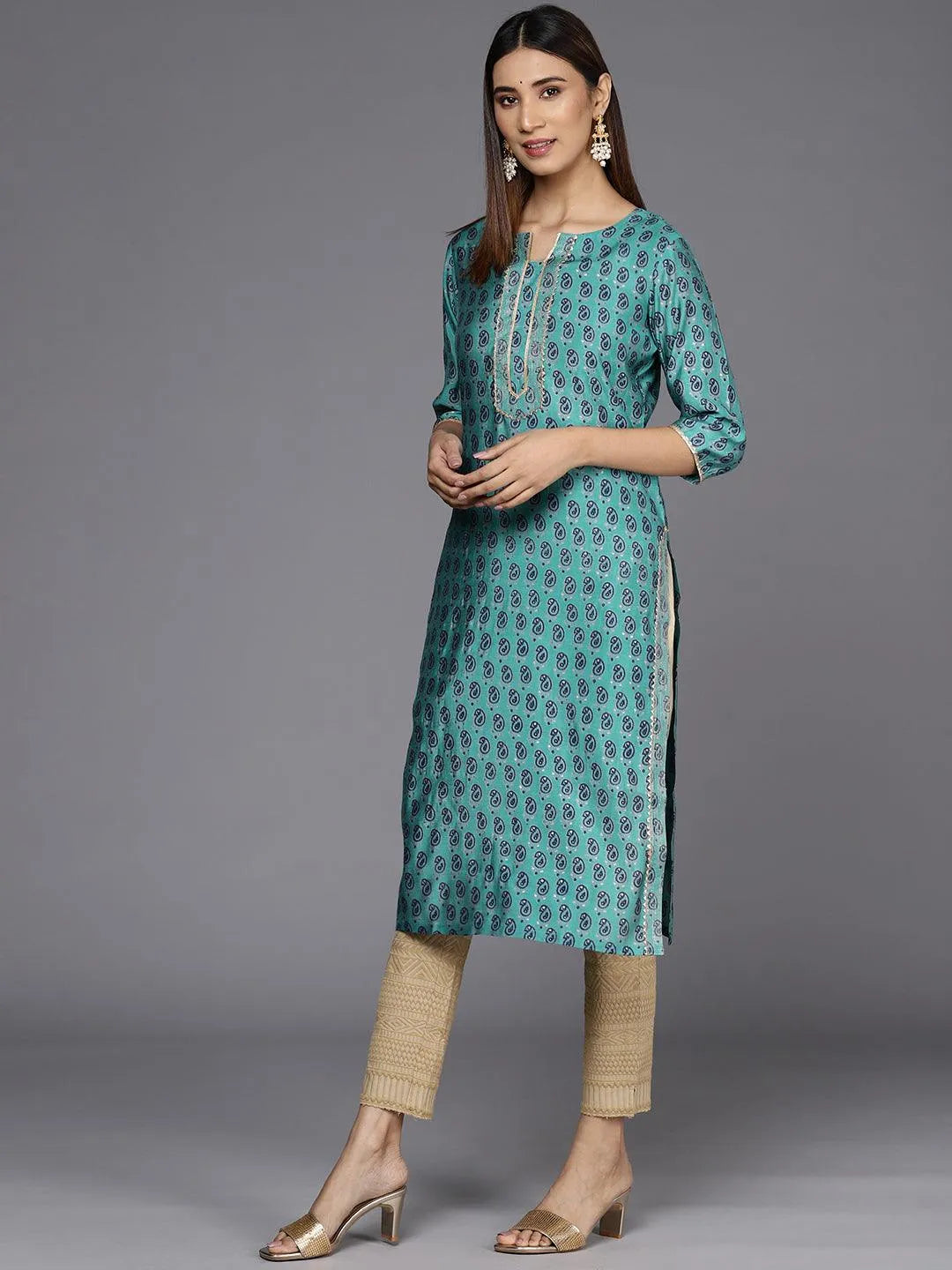 Blue Silk Blend Printed Kurta - Libas 