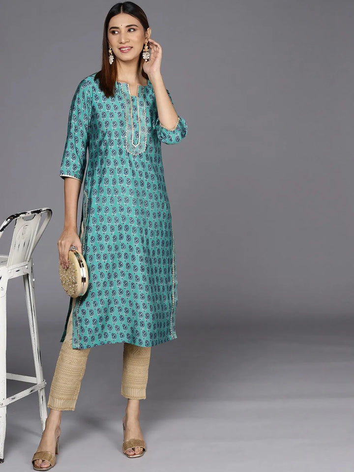 Blue Silk Blend Printed Kurta - Libas
