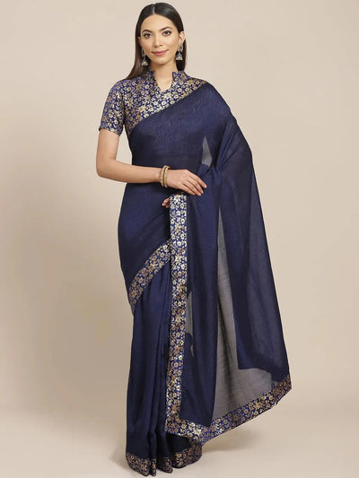 Blue Solid Chiffon Saree - Libas