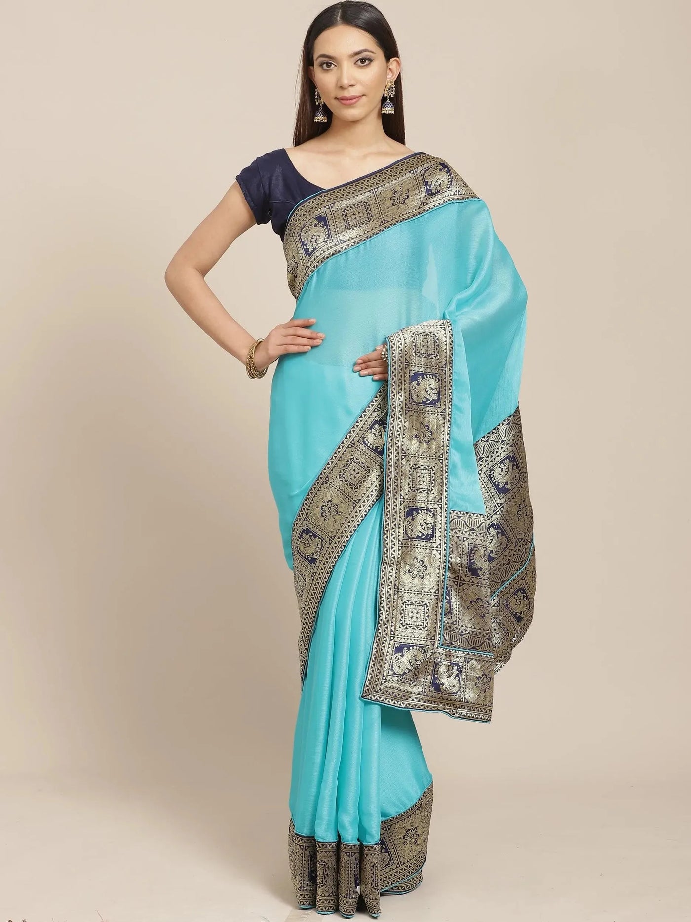 Blue Solid Chiffon Saree - Libas