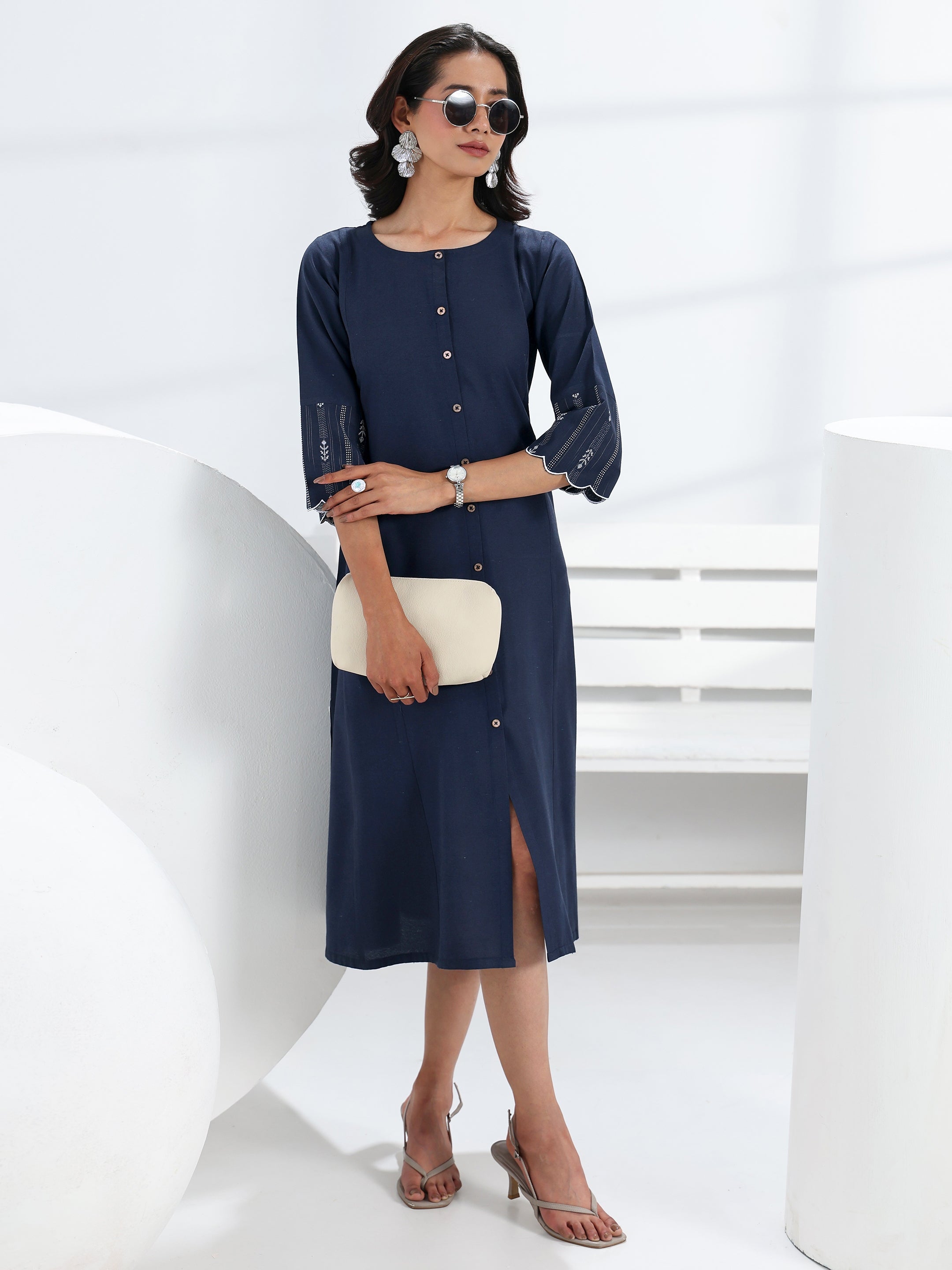 libas Blue Solid Cotton Blend A-Line One Piece Dress-picture-19