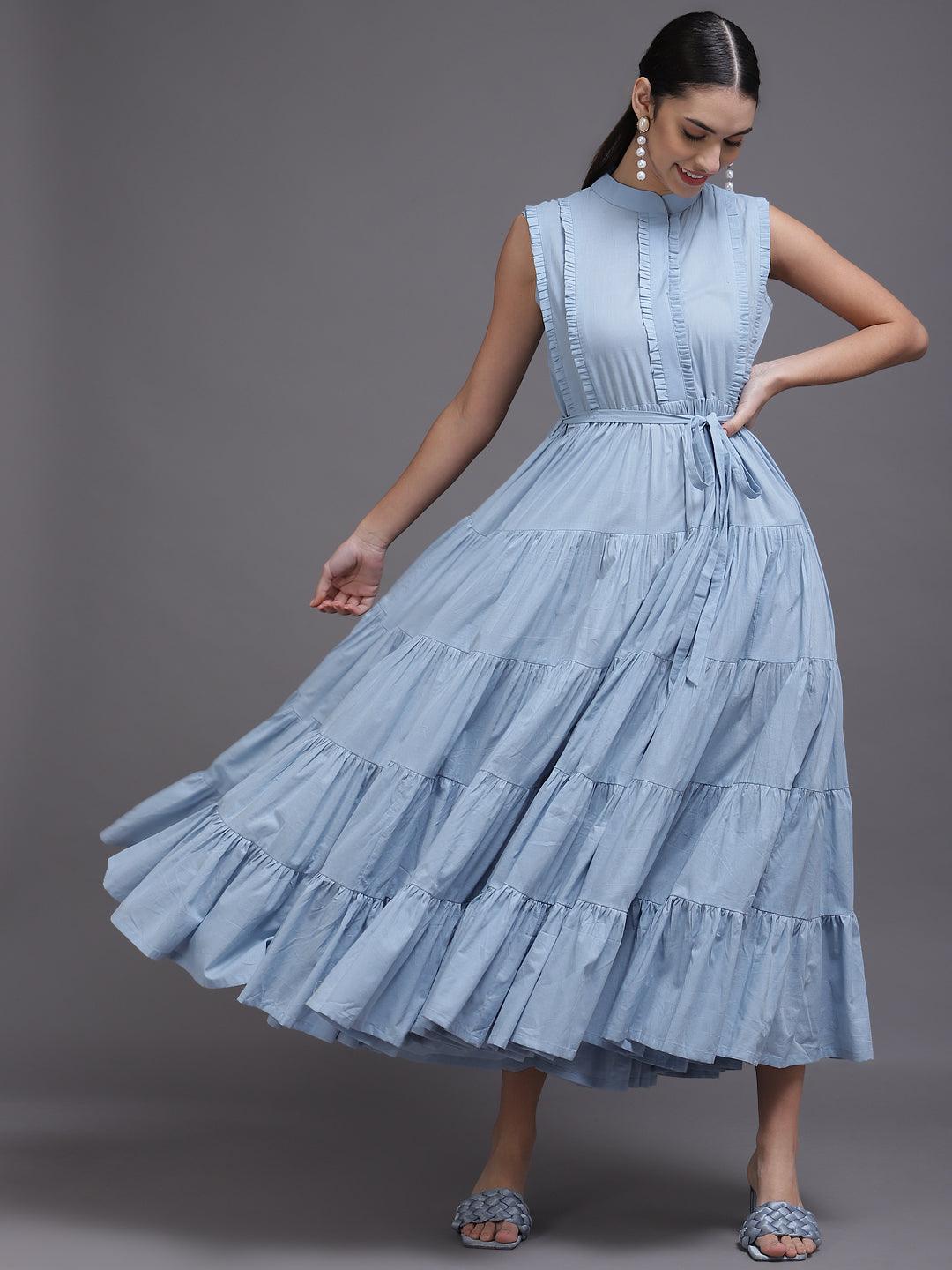 Blue Solid Cotton Dress - Libas
