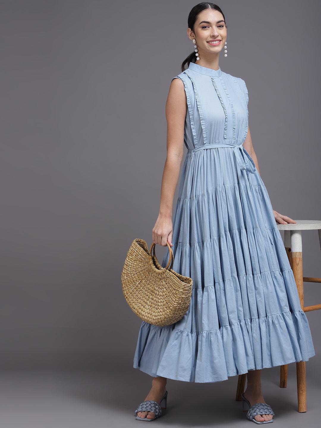 Blue Solid Cotton Dress - Libas