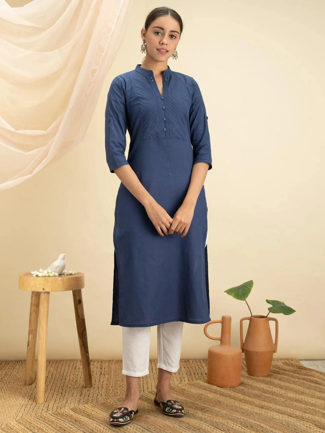 Blue Solid Cotton Kurta - Libas