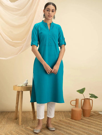 Blue Solid Cotton Kurta - Libas