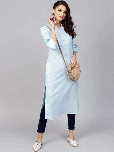 Blue Solid Cotton Kurta - Libas