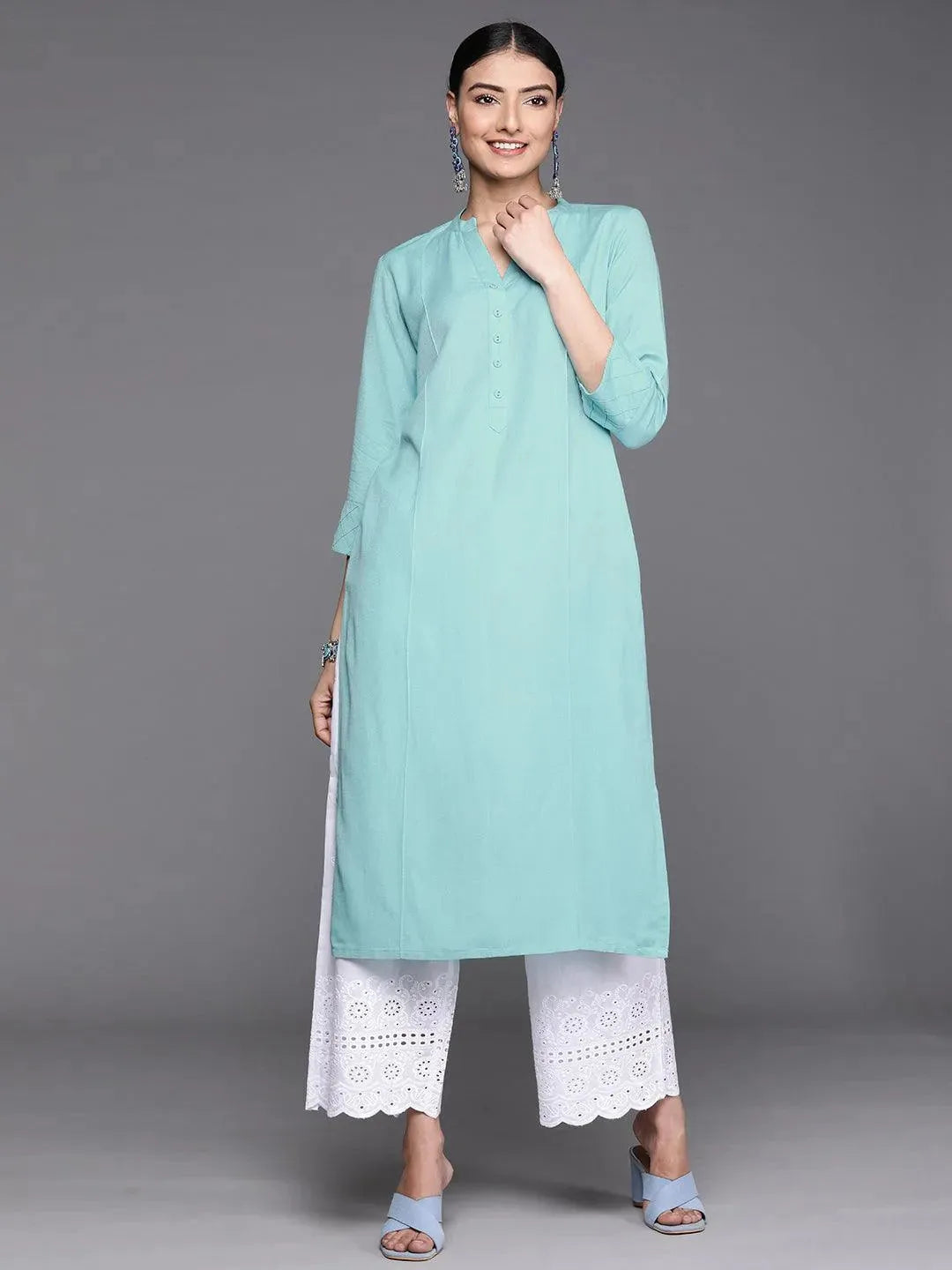 Blue Solid Cotton Kurta - Libas