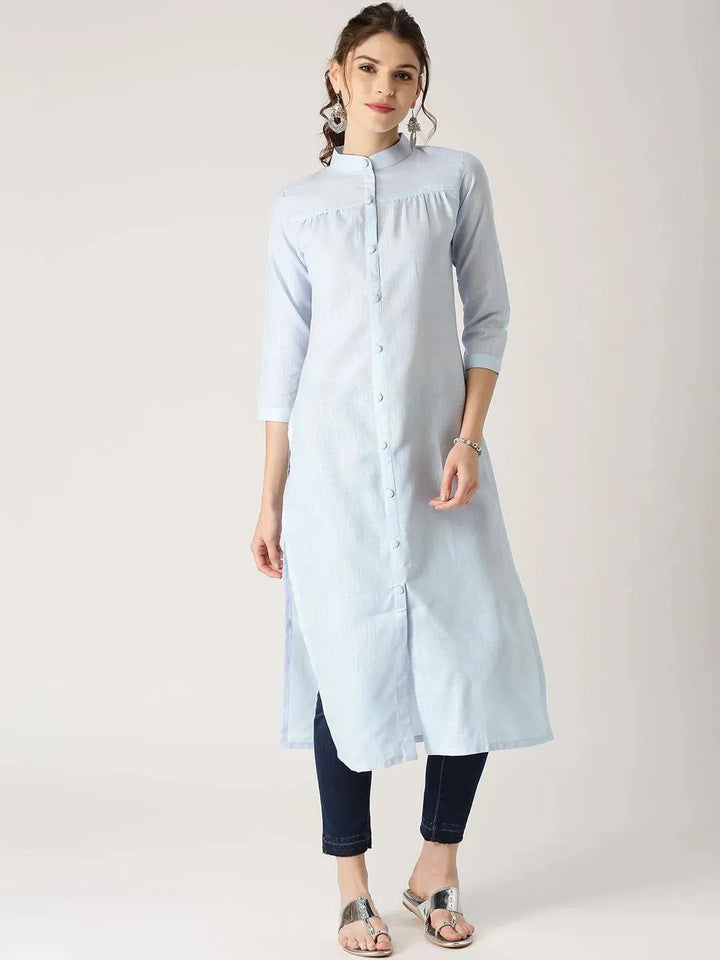 Blue Solid Cotton Kurta - Libas