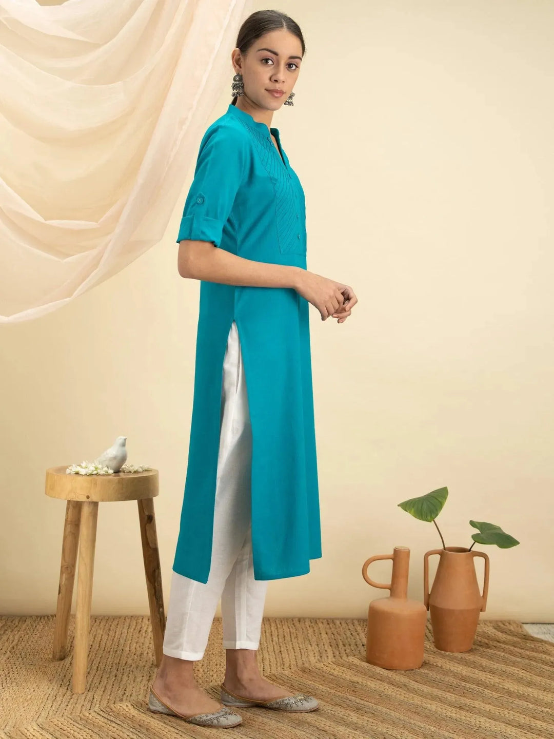 Blue Solid Cotton Kurta - Libas 