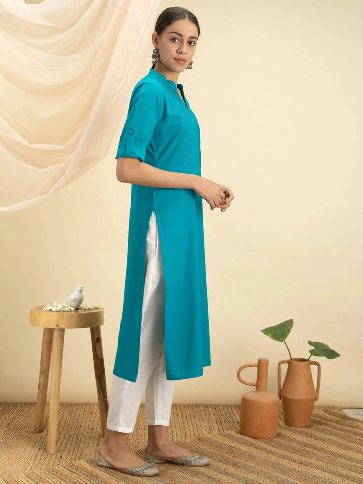 Blue Solid Cotton Kurta - Libas